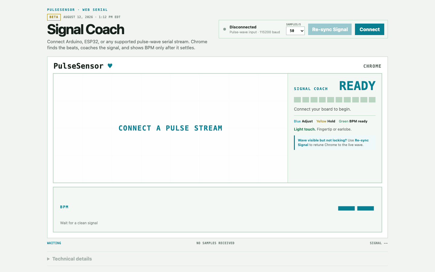Signal Coach browser dashboard waiting for a PulseSensor stream